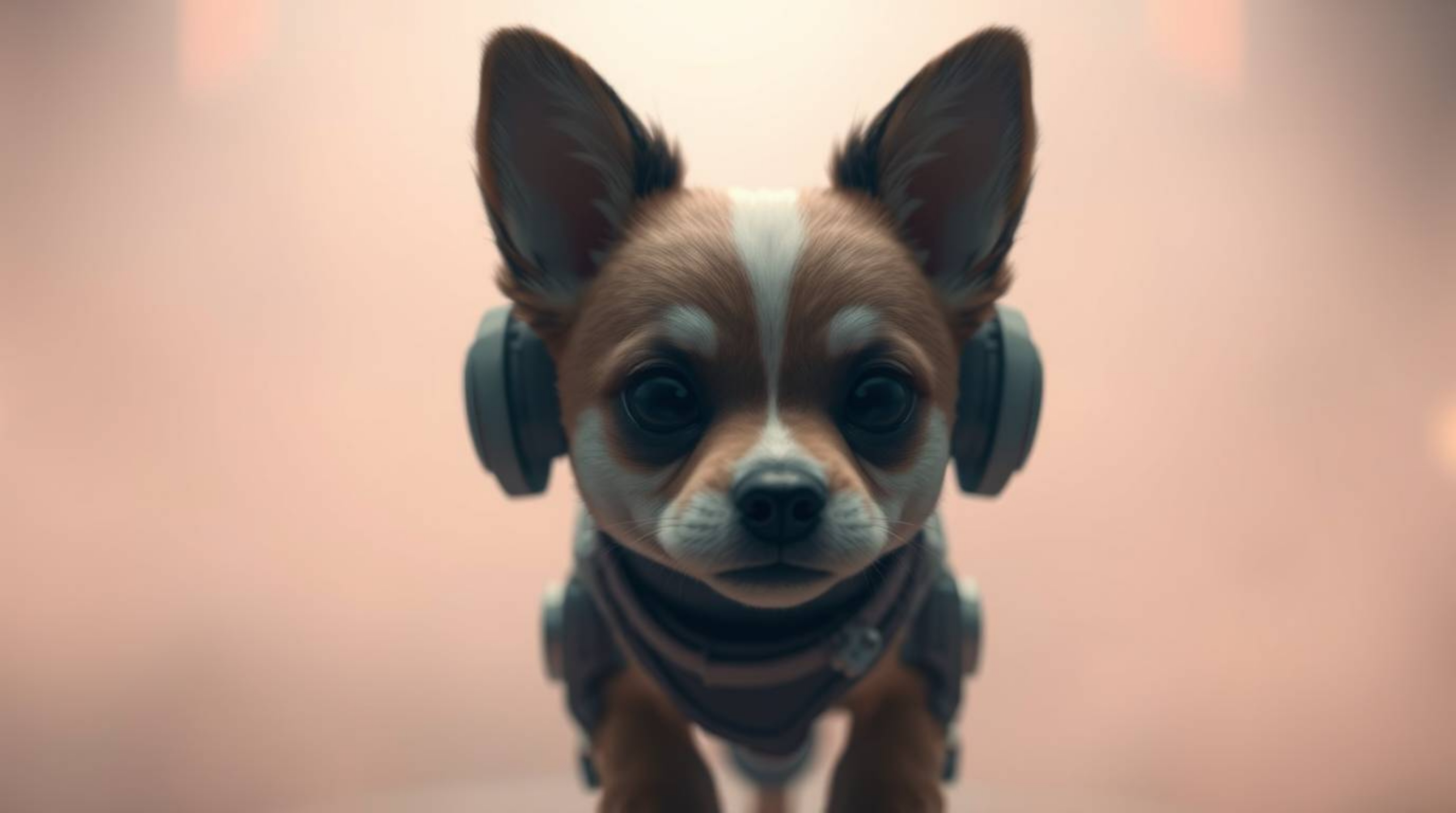 A cute and adorable futuristic dog is shown walking itself through a hazy space environment. The image features a soft cinema