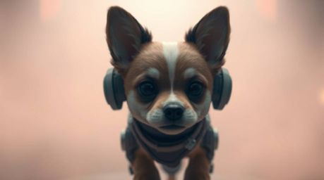 A cute and adorable futuristic dog is shown walking itself through a hazy space environment. The image features a soft cinema