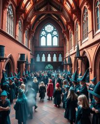 This captivating photograph showcases a magical school teeming with young wizards, highlighting the unique blend of warm terr