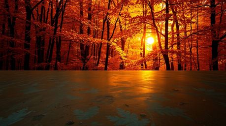 A captivating image of an autumn forest bathed in the golden light of sunset.  The scene features vibrant complementary color