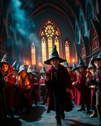 Explore a magical school brimming with young wizards, presented in a dramatic cinematic style. Vibrant electric colors and a 