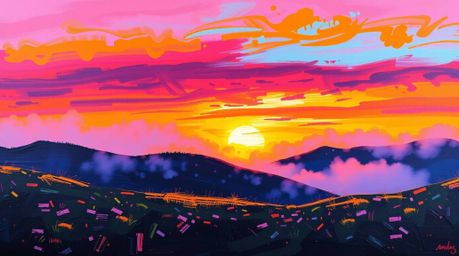 This captivating acrylic painting features bold, vibrant electric colors and textured brushstrokes, depicting fog-covered hil