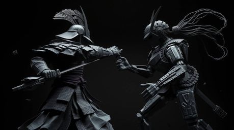 A captivating image depicts a fierce battle between a samurai and a robot, both meticulously crafted from layered papier-mâch