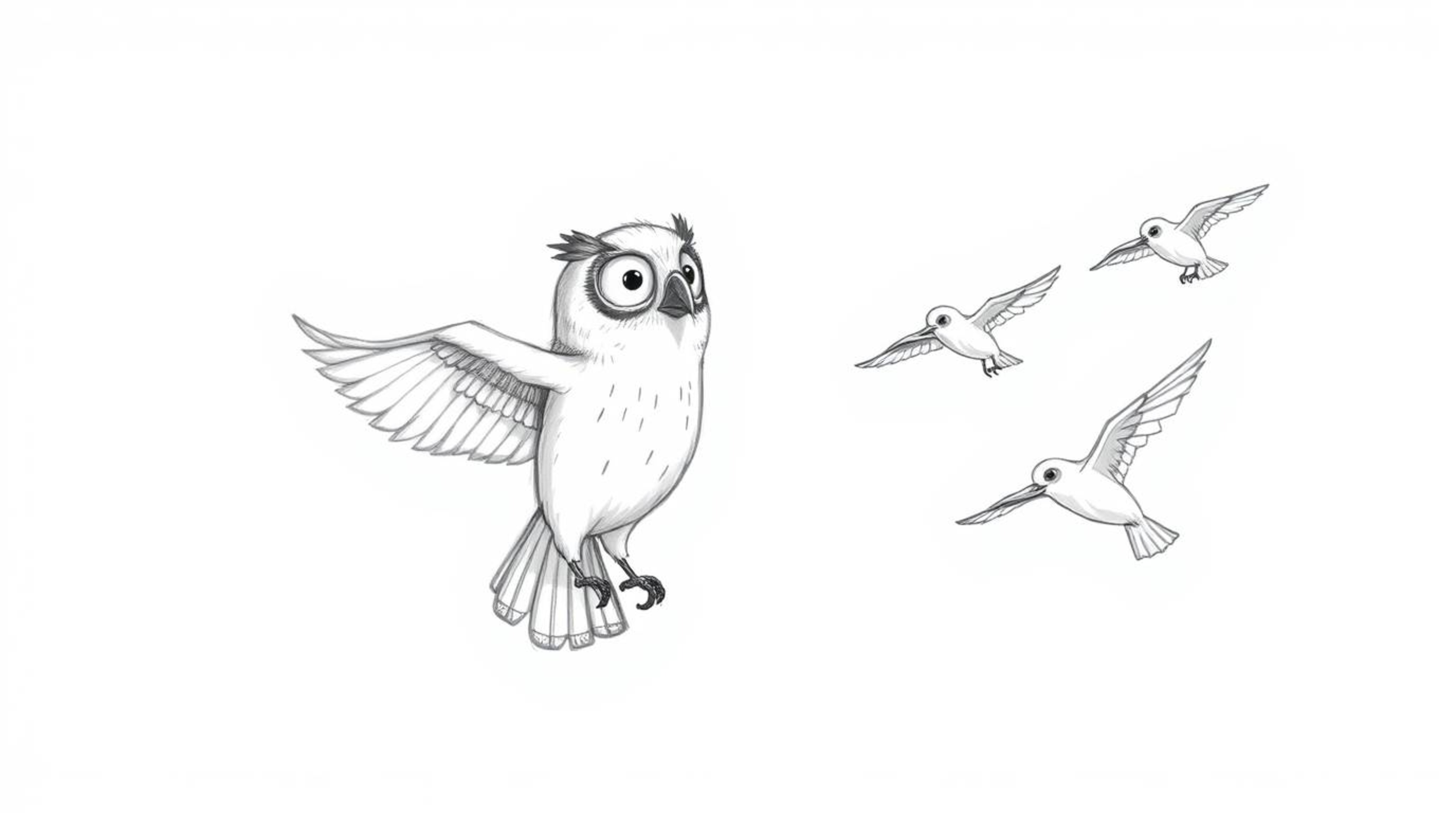 A heartwarming hand-drawn sketch in the style of Pixar features a blind owl with soft, textured pencil strokes, guiding birds