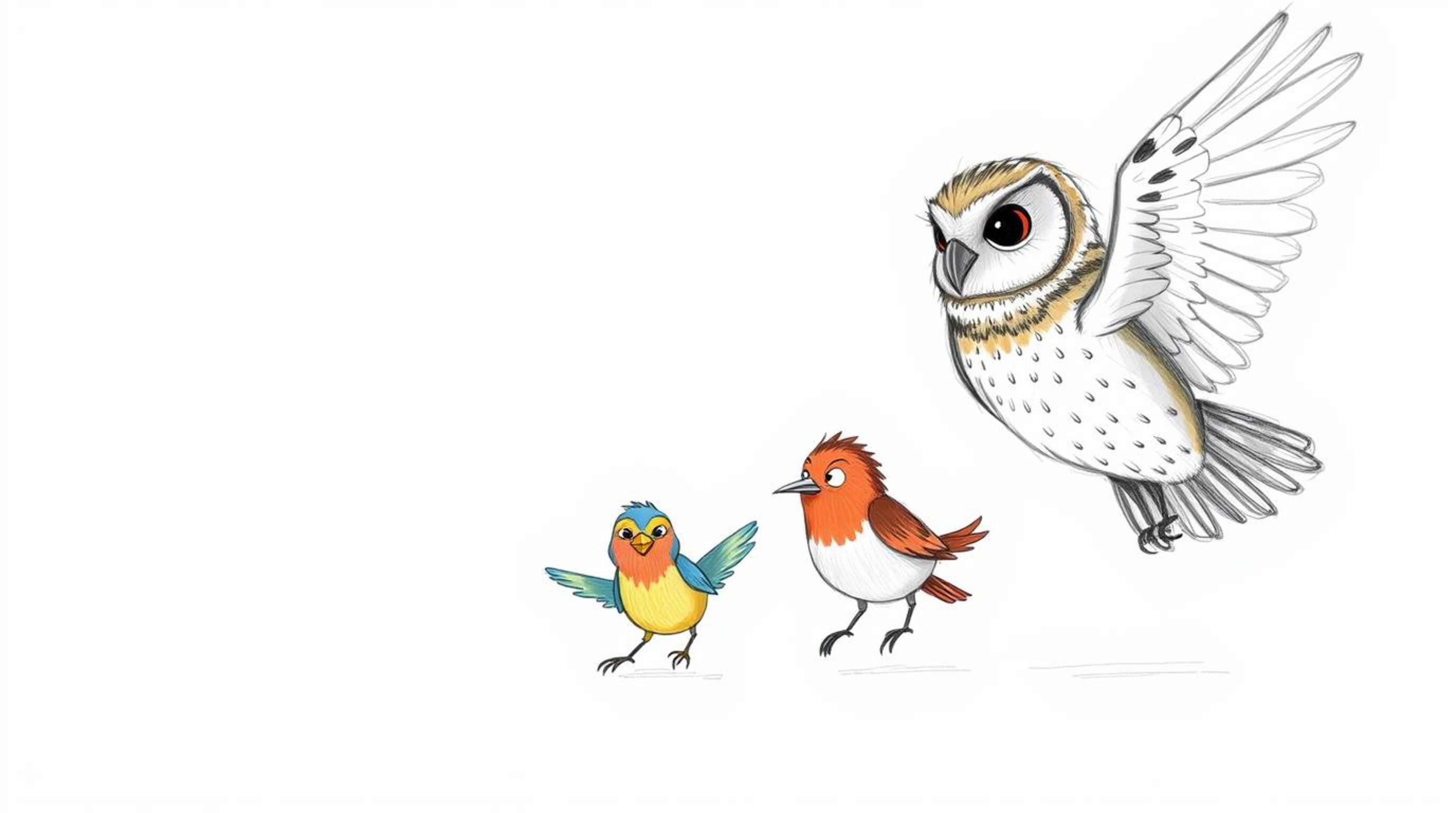 A hand-drawn sketch in Pixar style depicts a blind owl with a calm expression, its subtly textured feathers conveying wisdom 