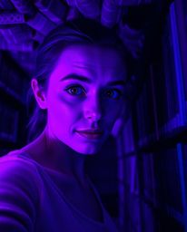 A person with a curious expression and pale skin stumbles upon a hidden underground library bathed in deep ultraviolet hues. 
