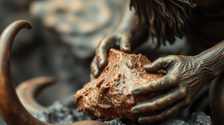 A captivating close-up sculpture depicts a caveman meticulously cooking mammoth meat, masterfully rendered in cast bronze wit