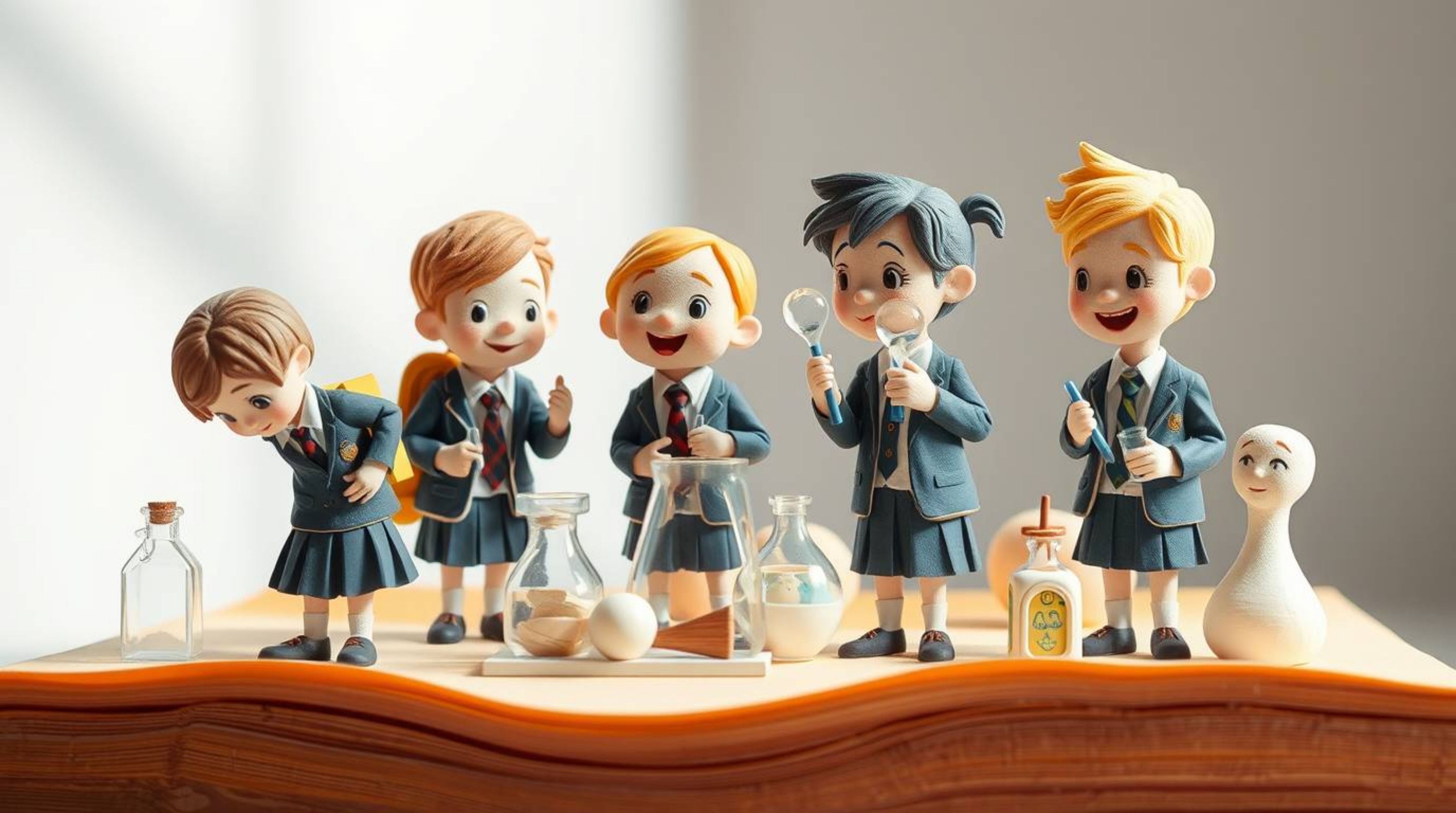 A captivating papier-mâché sculpture showcases quirky children in school uniforms conducting science experiments.  The artwor