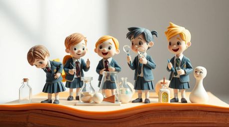 A captivating papier-mâché sculpture showcases quirky children in school uniforms conducting science experiments.  The artwor