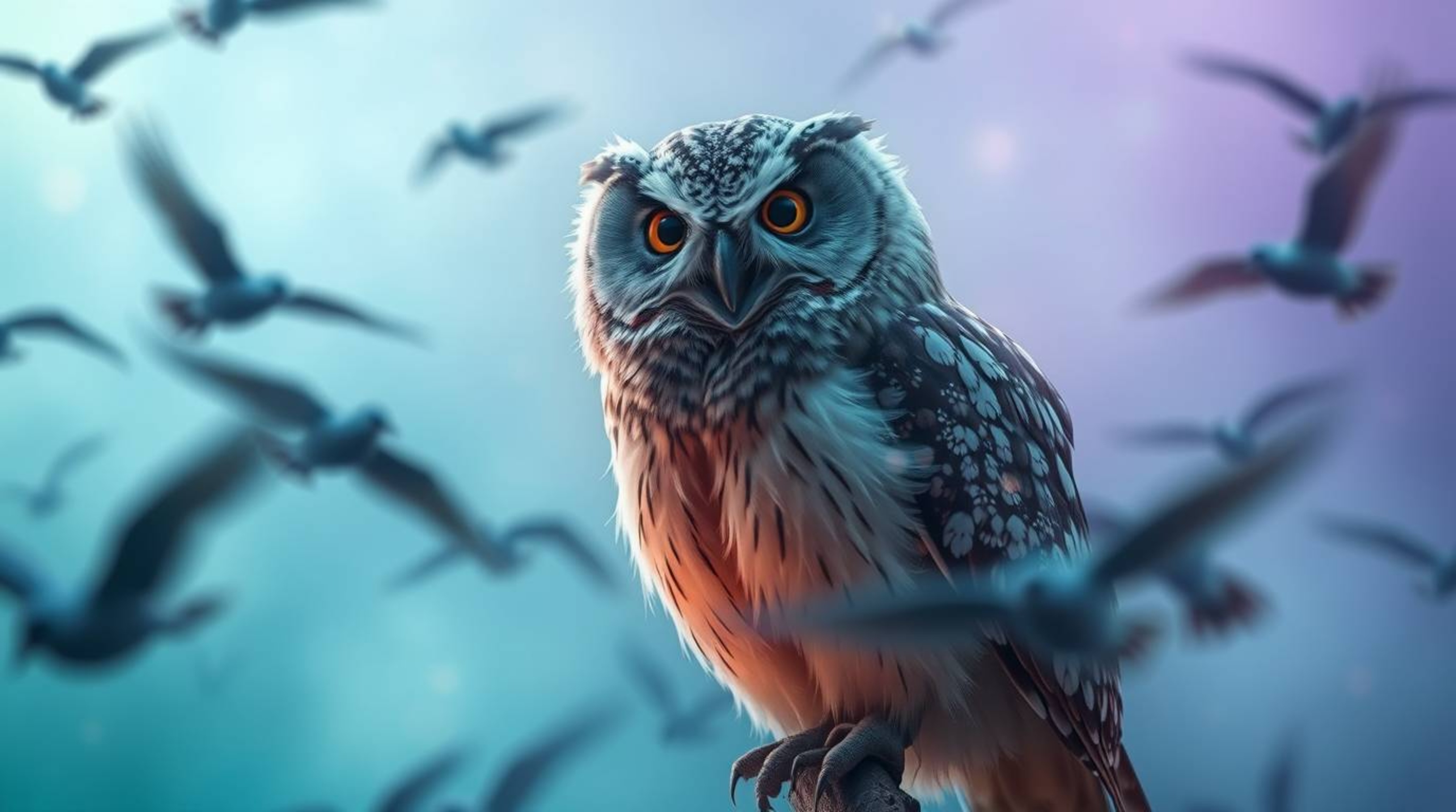 A long-exposure photograph, rendered in a charming Pixar style, captures a wise, blind owl with soft, downy feathers. Perched