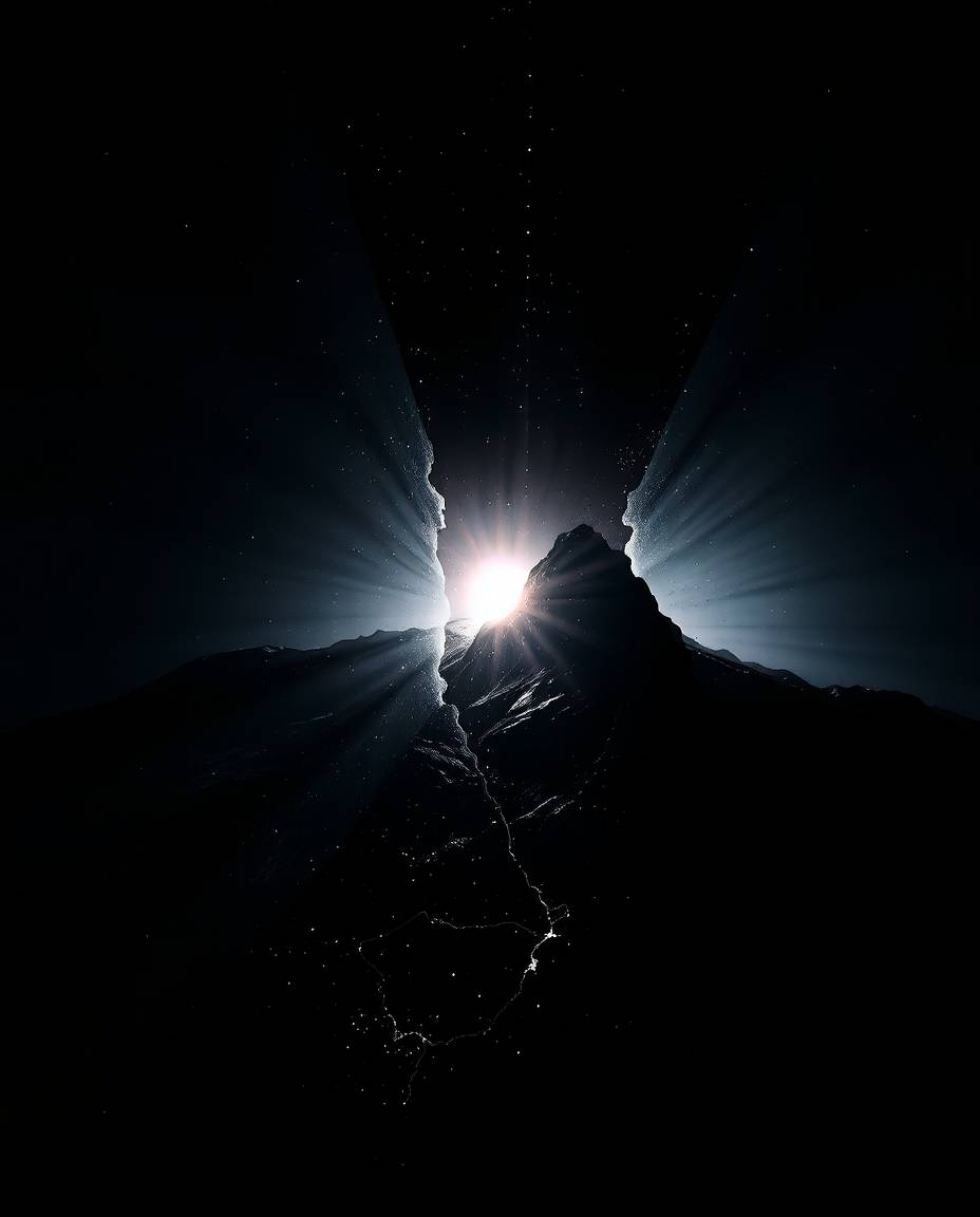 Experience the intense beauty of creative light art. This ethereal piece features a digital glitch landscape breaking apart i