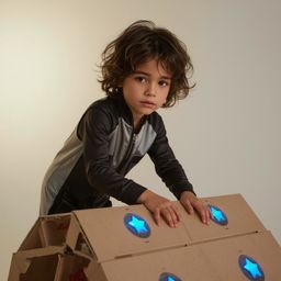 Exquisite high-fashion photography captures a boy with almond-shaped eyes building a gigantic, intricately detailed cardboard