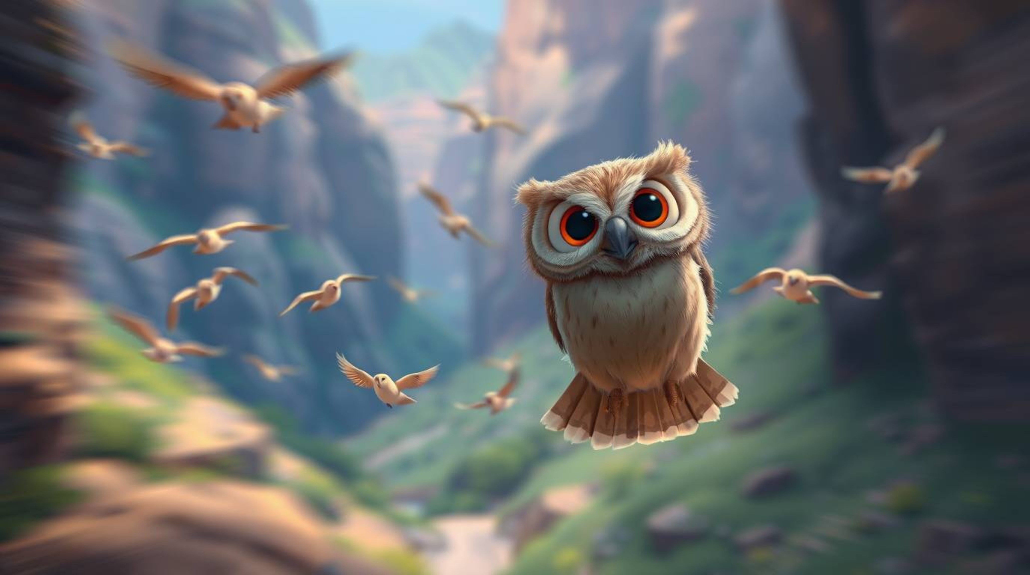 This Pixar-esque illustration radiates an ethereal, joyful, and mystical feel. It features a blind owl with large, gentle eye