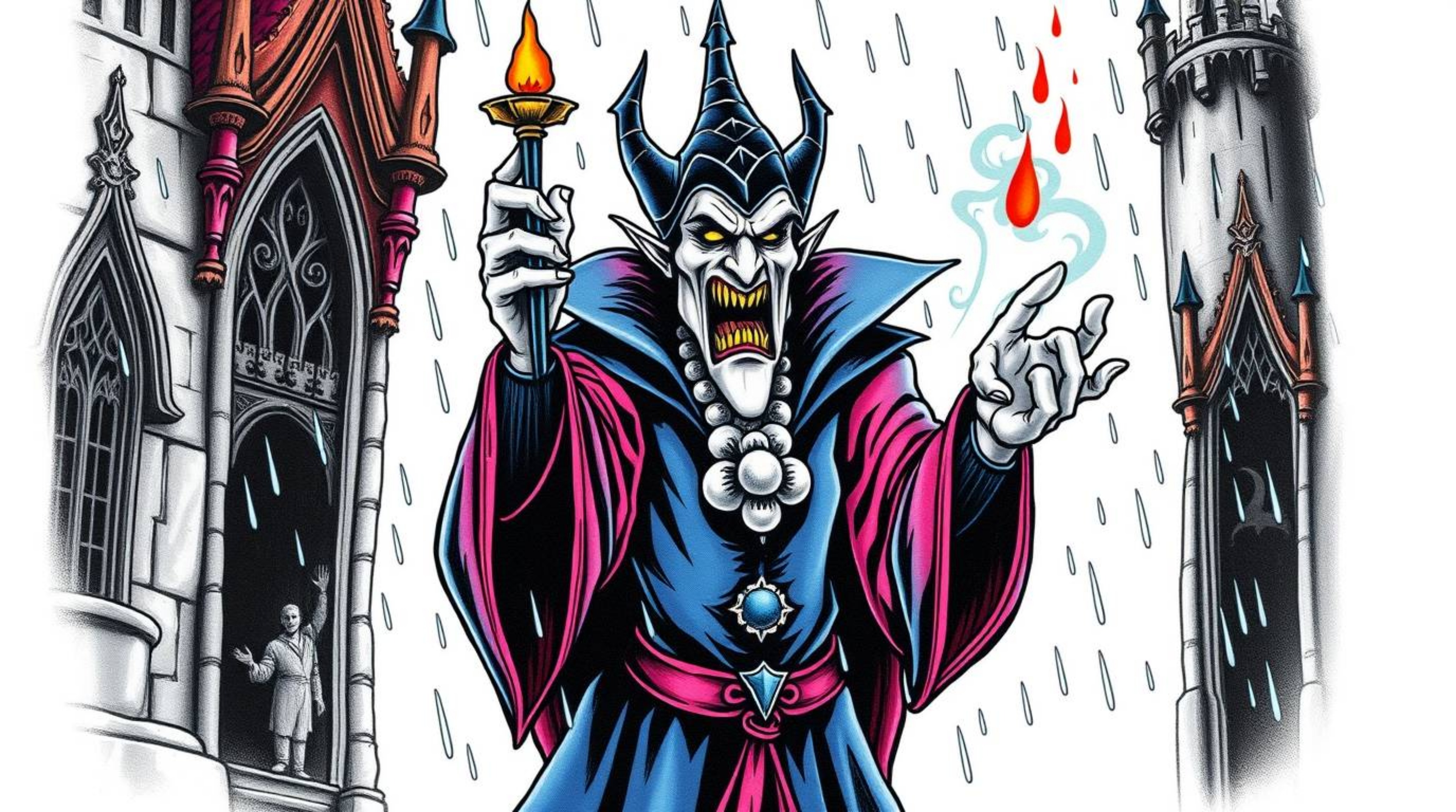 Explore our collection of vibrant and unique art prints featuring a classic Disney villain casting a spell in an old castle,