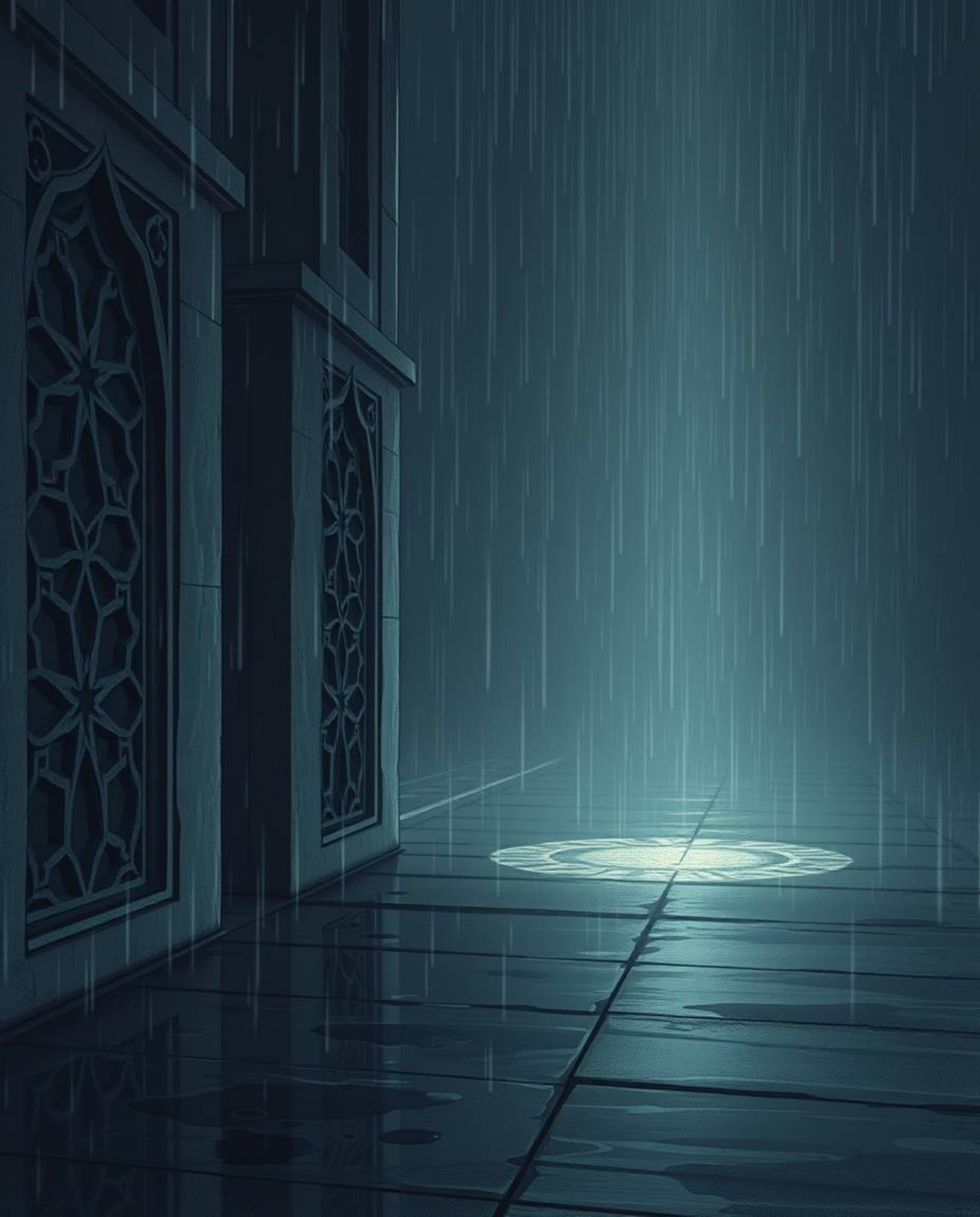 This evocative illustration captures a moody, spiritual atmosphere within a rain-soaked scene.  It features intricately carve