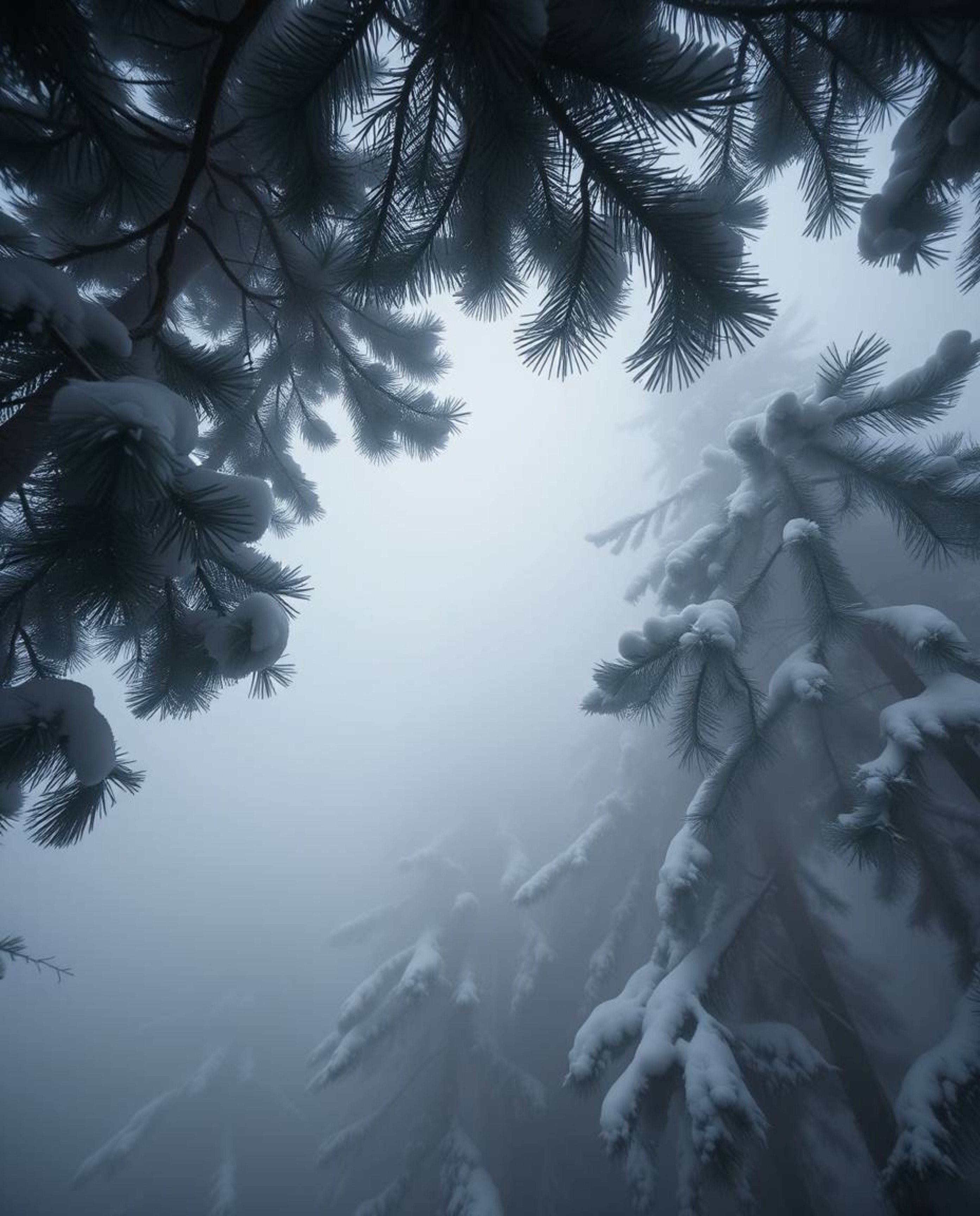 A work of precise architectural color photography captures a close-up, wide-angle shot of snowy pine trees enveloped in thick