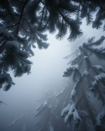 A work of precise architectural color photography captures a close-up, wide-angle shot of snowy pine trees enveloped in thick