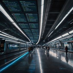 Experience the future of travel at this stunning train station, featuring high-speed trains gliding into the platform, digita