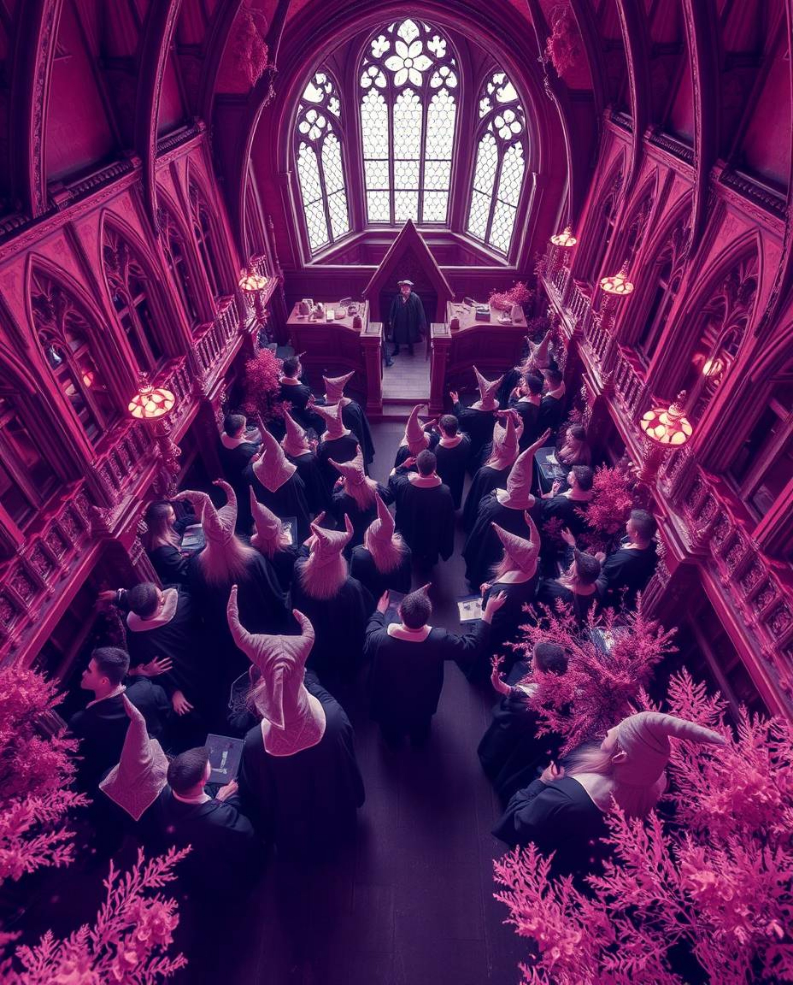 Explore a surreal, high-angle perspective of a magical school brimming with young wizards, rendered in striking infrared tone