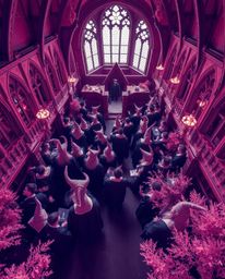 Explore a surreal, high-angle perspective of a magical school brimming with young wizards, rendered in striking infrared tone