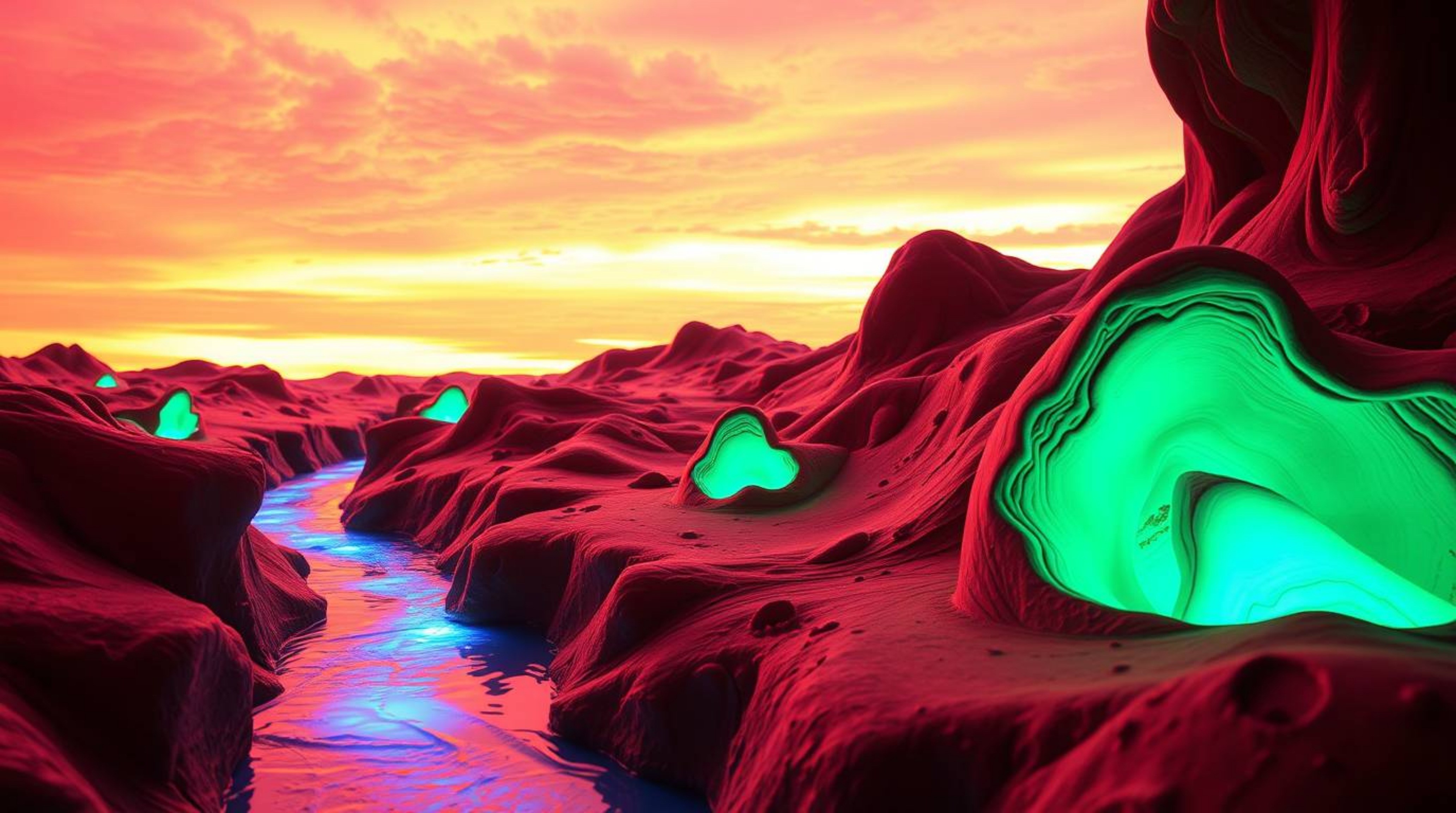 Discover a breathtaking sculptural clay artwork depicting a winding river glowing with bioluminescent colors under a dramatic
