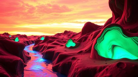 Discover a breathtaking sculptural clay artwork depicting a winding river glowing with bioluminescent colors under a dramatic