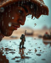 Experience a unique blend of contrasting elements in this image: a wet, rainy scene juxtaposed with a Disney-style desert adv