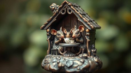 Discover a charming bronze sculpture depicting anthropomorphic mice enjoying a tea party in a cozy cottage.  The detailed art