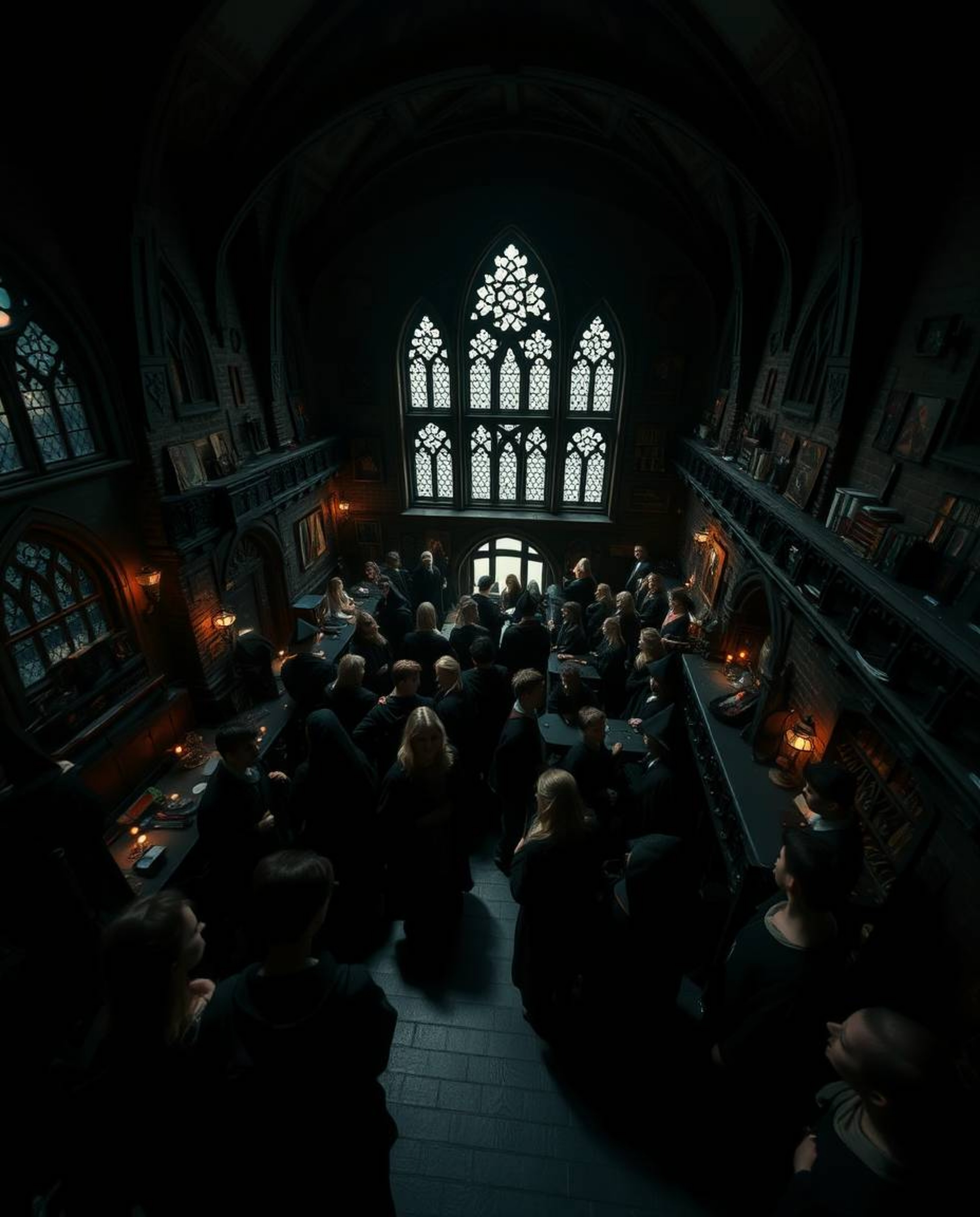 Experience the magic from above! This captivating image showcases a magical school teeming with young wizards, captured from