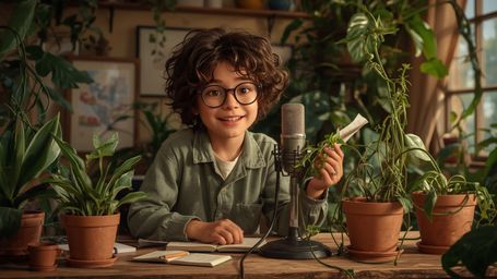 In a warmly lit and whimsical cinematic photograph, a bright-eyed young genius with curly hair enthusiastically records a pod