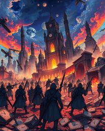 Explore a vibrant and chaotic battlefield in Isekai anime style, featuring time-warped soldiers amidst crumbling buildings.  