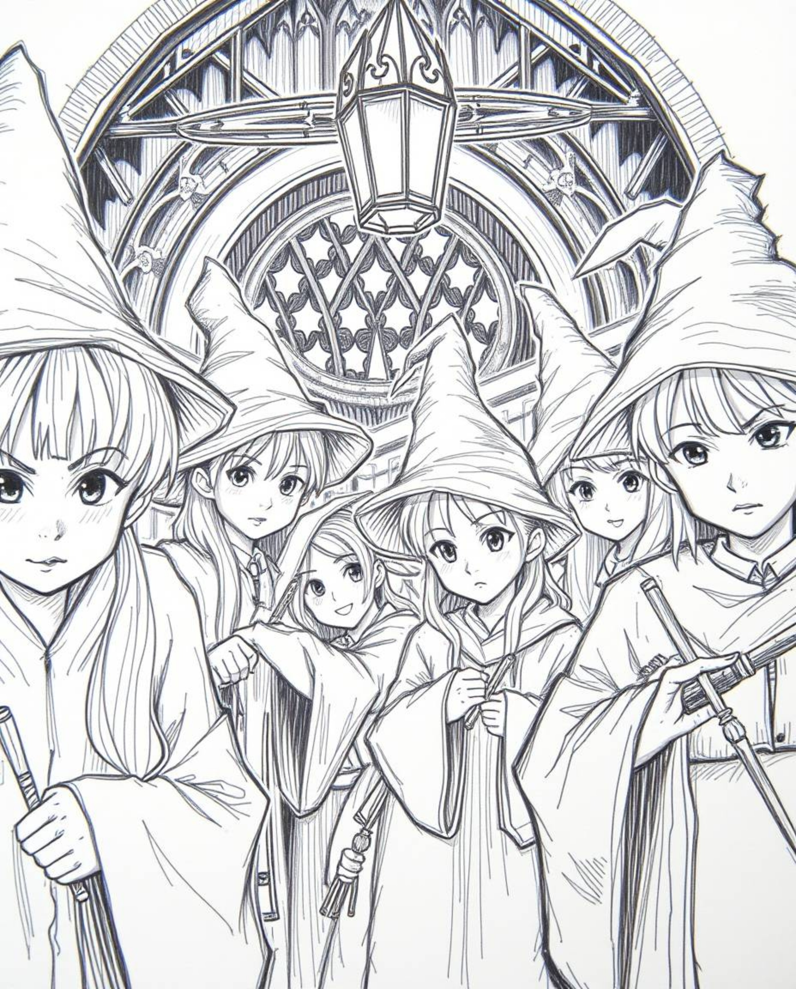 A captivating hand-drawn sketch depicts a magical school brimming with young wizards. The close-up perspective reveals intri