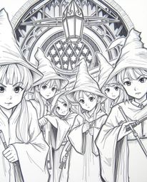 A captivating hand-drawn sketch depicts a magical school brimming with young wizards. The close-up perspective reveals intri