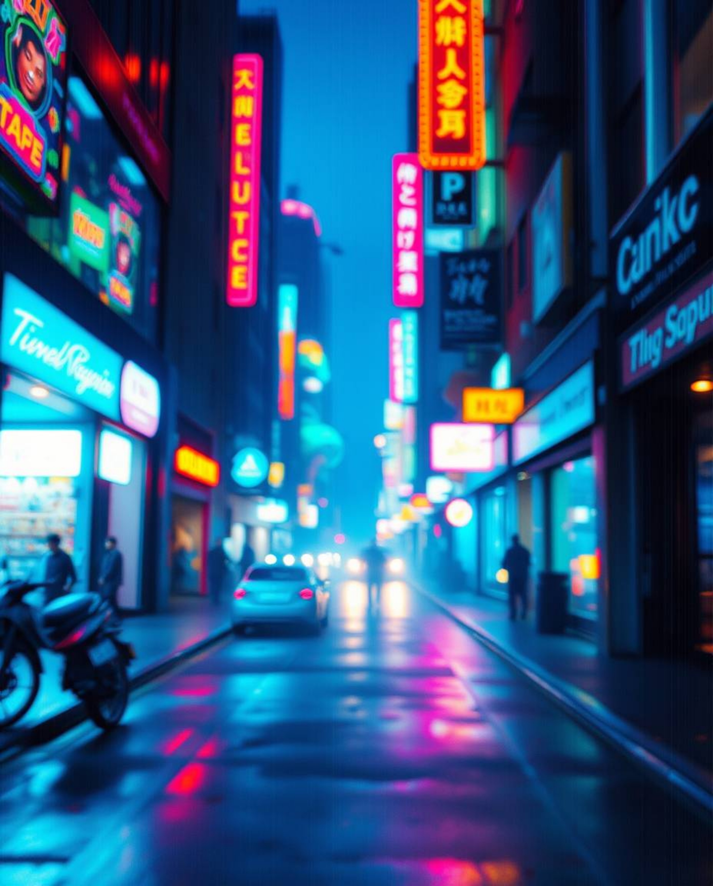 A captivating pixelated glitch art image depicting a cyberpunk street scene.  Immerse yourself in a neon haze, sharp subject 
