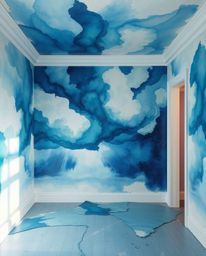 Immerse yourself in the chaos and beauty of a room exploding with paint, captured in a delicate watercolor painting. This art