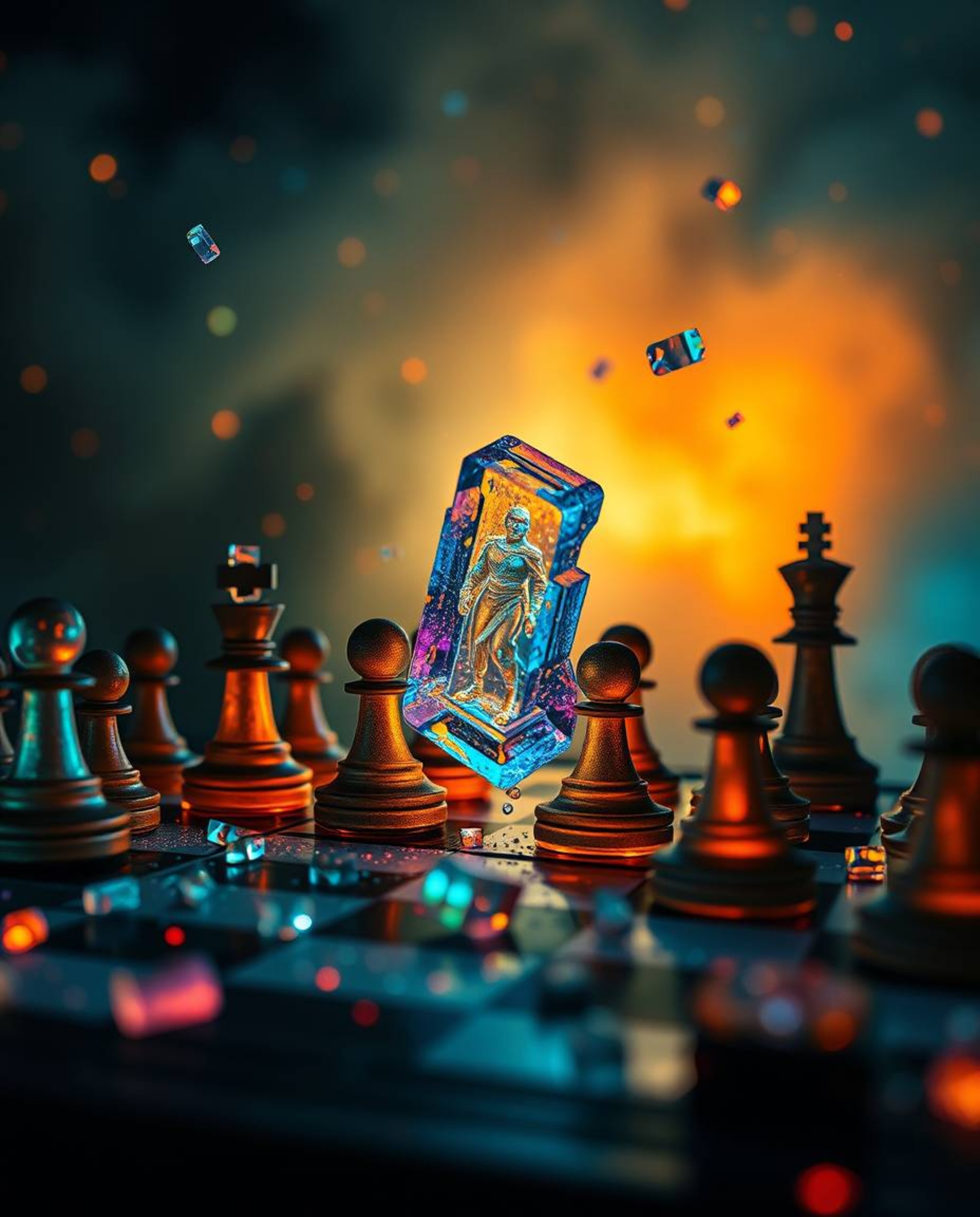 A captivating image depicts a chessboard frozen in time, with pieces suspended mid-air in a moment of vibrant destruction.  T