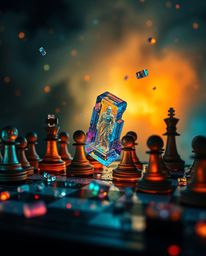A captivating image depicts a chessboard frozen in time, with pieces suspended mid-air in a moment of vibrant destruction.  T