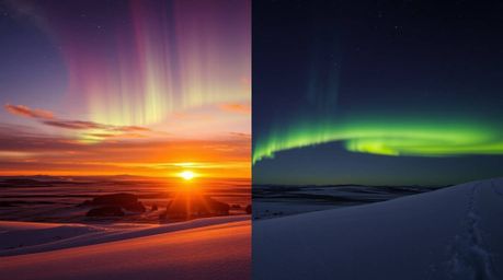 A distinct split composition showcases bold areas with the captivating Northern Lights beginning to appear over a vibrant sun