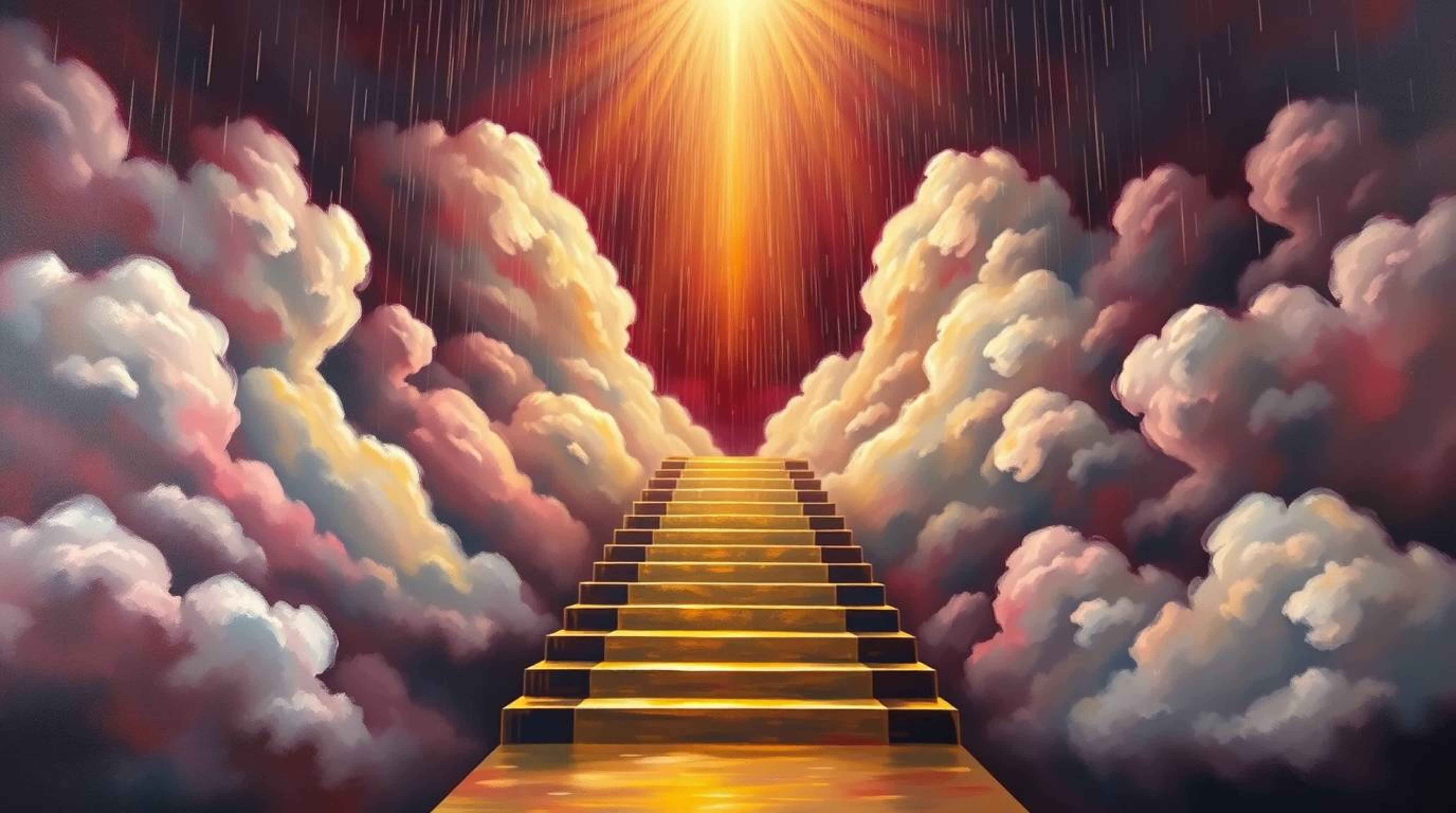 A captivating painting depicts a golden staircase ascending through rain-laden clouds towards a radiant heaven. Sunlight pier
