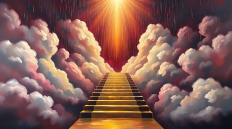 A captivating painting depicts a golden staircase ascending through rain-laden clouds towards a radiant heaven. Sunlight pier