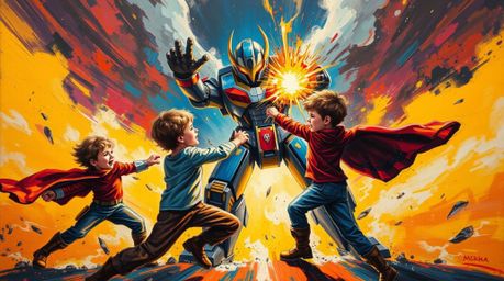 A dramatic acrylic painting depicts three superpowered children engaged in an intense battle against a formidable robot.  Hig