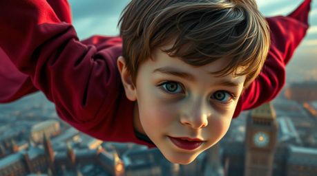 A captivating close-up showcasing a young boy with fair skin soaring above London, bathed in rich burgundy and deep blue hues