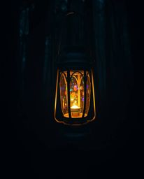 Explore a mesmerizing scene of a glowing lantern illuminating a dark forest, its iridescent colors casting captivating reflec