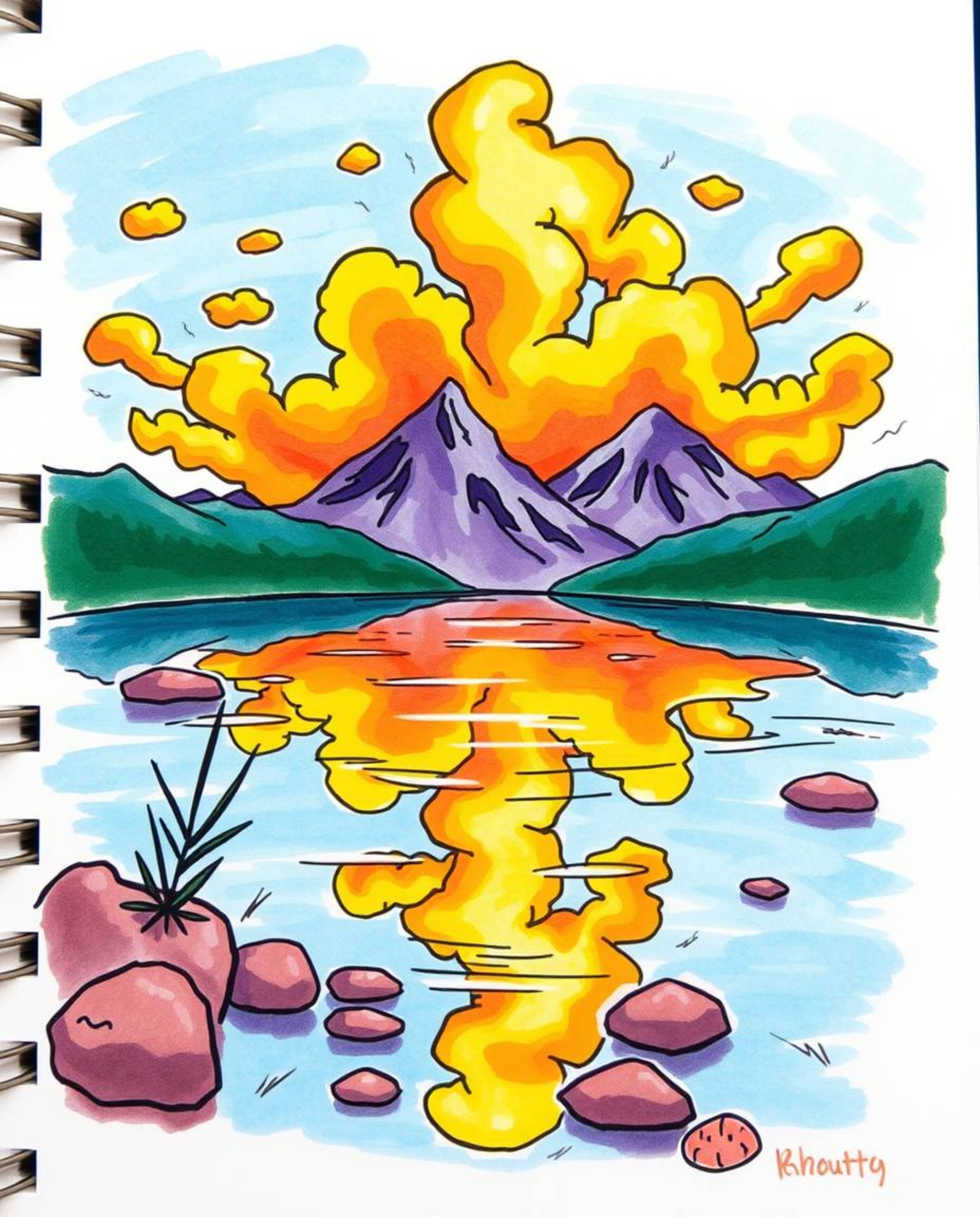 A hand-drawn color sketchnote depicts the reflections of fiery clouds in a mountain lake. This adorable and cute illustration