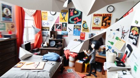 Experience a dynamic and intricately folded origami-style artwork showcasing a messy bedroom filled with peculiar gadgets and