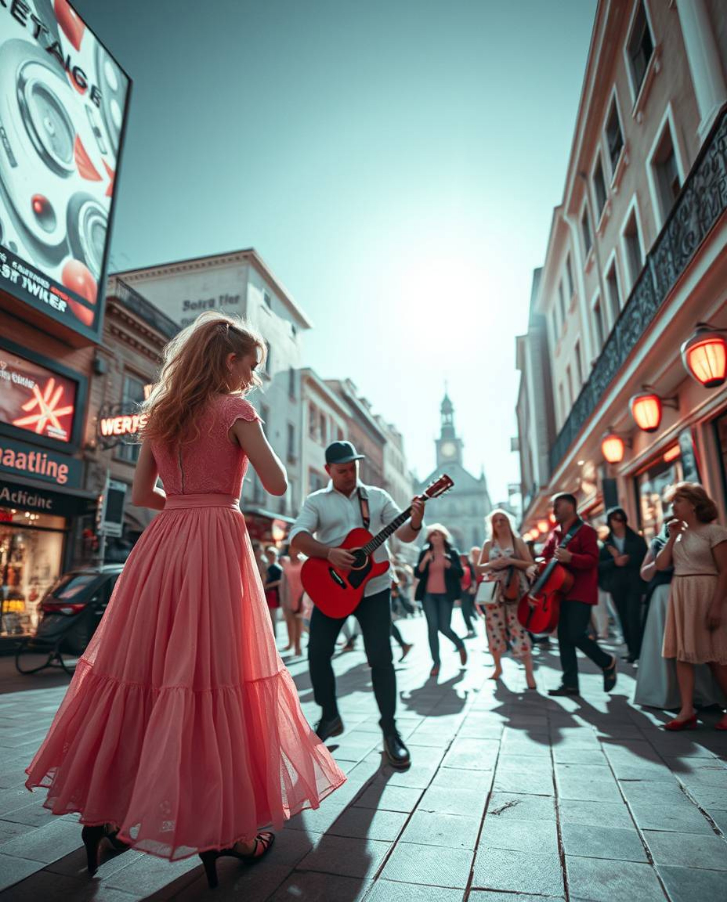 Experience a vibrant musical number unfolding in a sun-drenched town square, captured in extreme macro close-up. The surreal