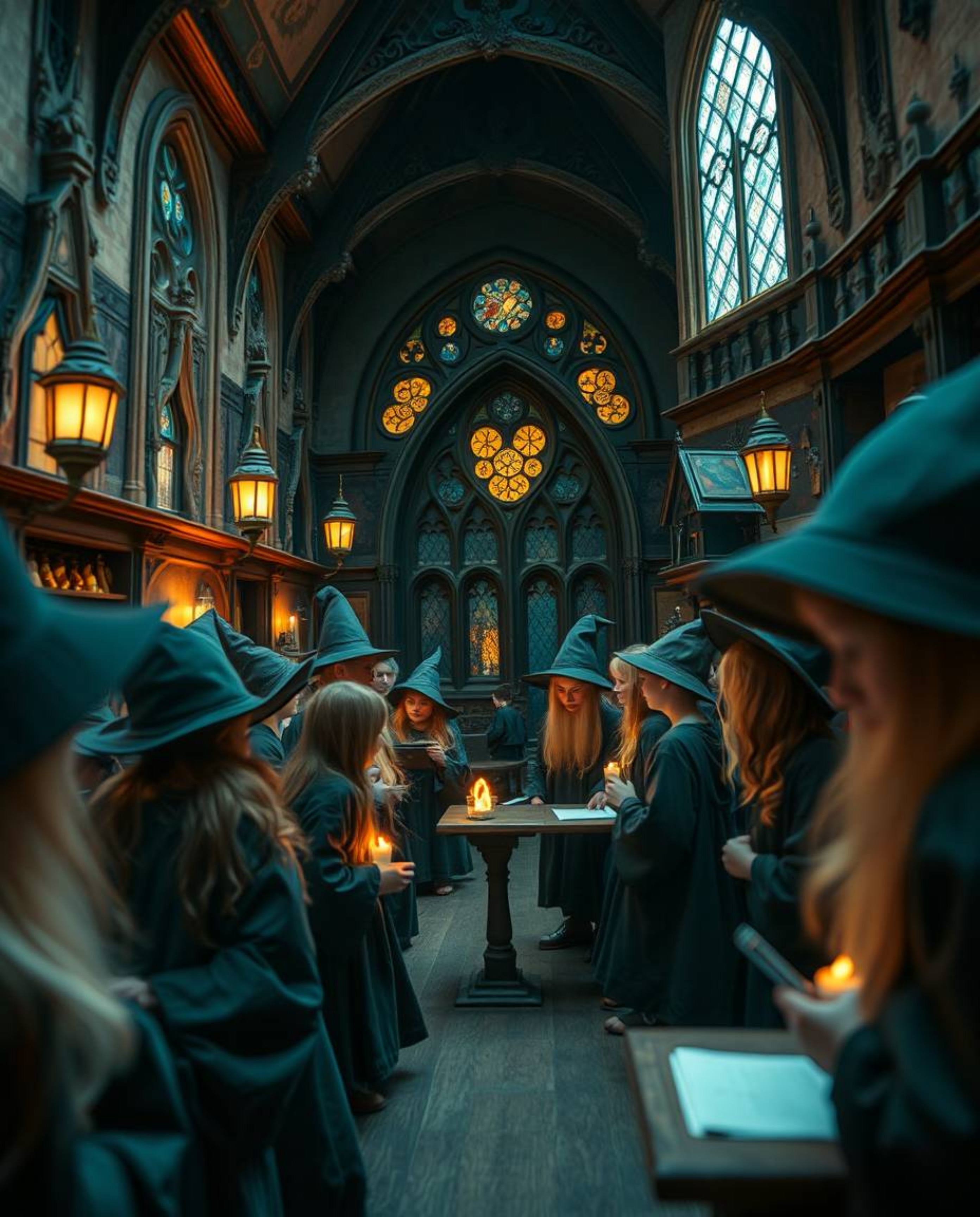 An extreme macro photograph captures the magical essence of a school filled with young wizards.  Intricate details, a mystica