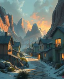 Discover a captivating watercolor artwork depicting a sleepy town with pastel-colored houses, set in a modern future.  This e