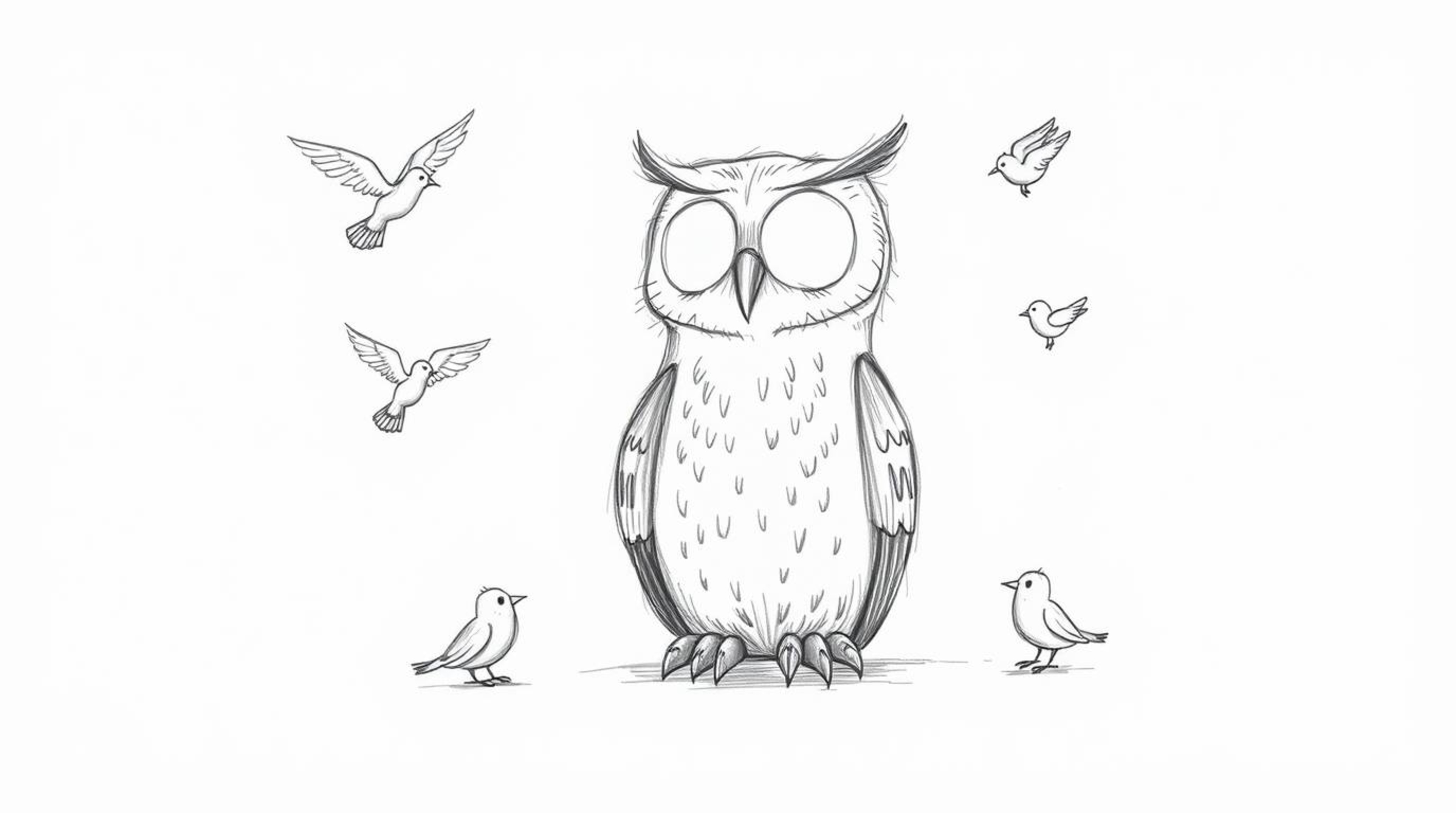 A hand-drawn pencil sketch depicts a blind owl, rendered in a Pixar-inspired style, serenely teaching young birds how to fly.