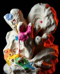 Explore a captivating sculptural clay artwork presented in high contrast, low-key lighting, showcasing colorful watercolor sp